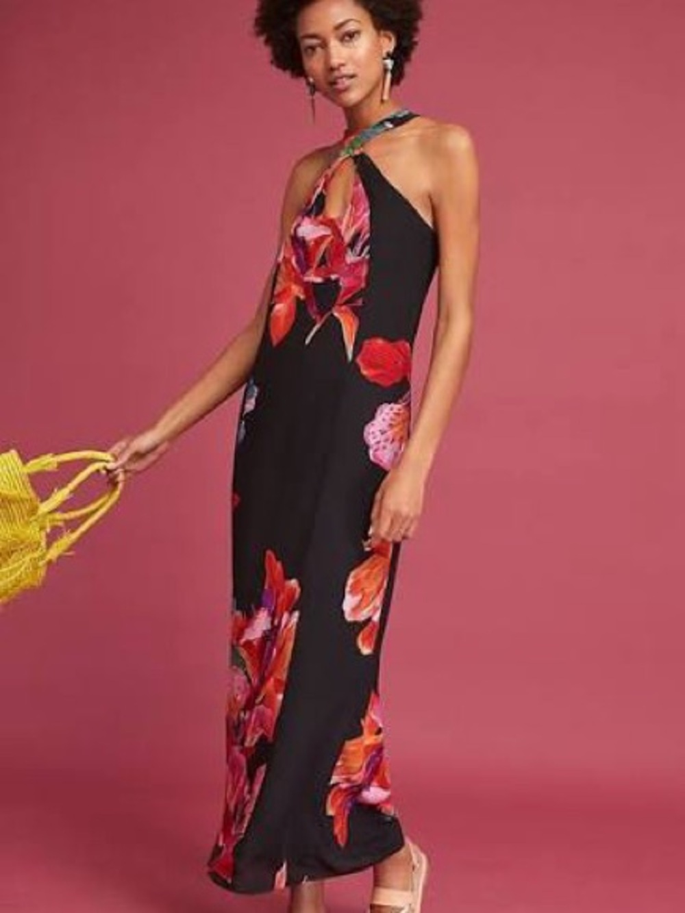 Maeve Black Halter Maxi Dress with Red & Pink Floral Print